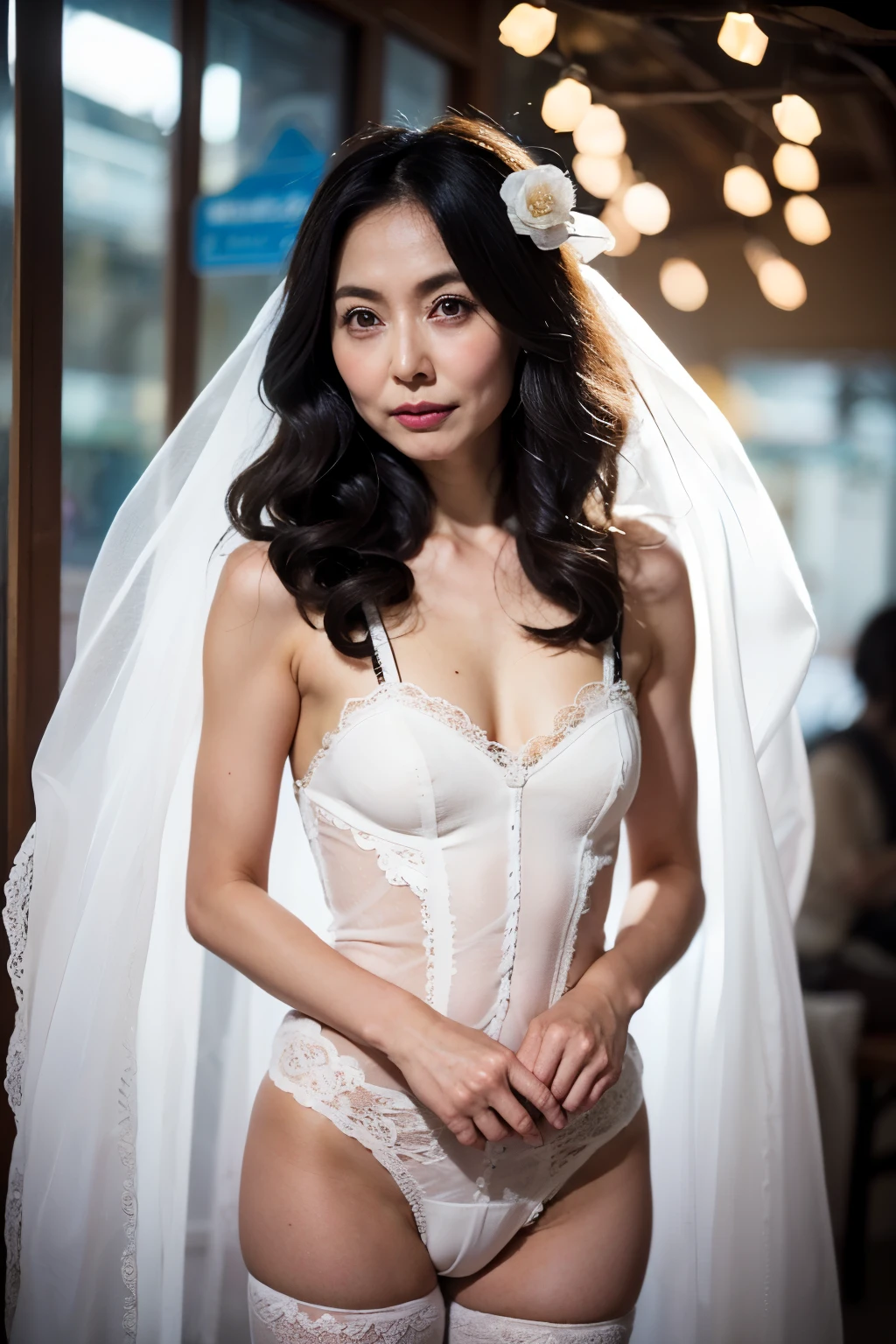 NSFW, photorealistic, 1 Japanese married woman, 47yo, small panty, hairy, small sagged breasts, medium wide hips, thigh highs, Layering petticoat dress , white Silk petticoat , 2 sets of shoulder straps, Bunty, wrinkles on the face, transparent sparkle eyes, wrinkles at the corners of the eyes, A slightly gloomy look, opened mouth, Looking (diagonally) forward to the left, Long wavy hair, double upper eyelid, zettai ryouoki,