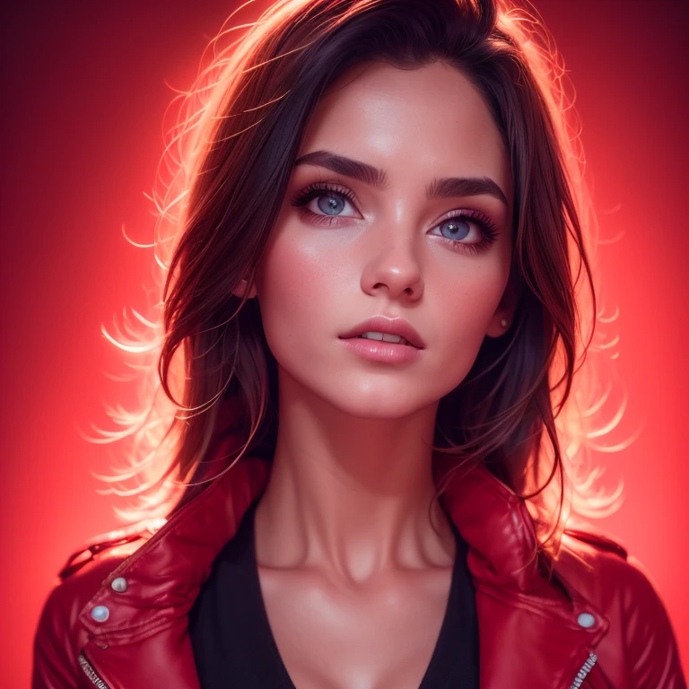 1girl, jacket, lips, nose, realistic, red background, room with pink lights, solo, upper body, small breasts, detailed eyes, detailed, visual art, high quality, 8k, big portrait photography