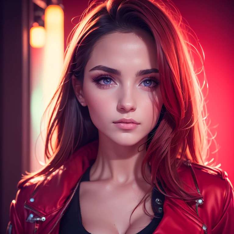 1girl, jacket, lips, nose, realistic, red background, room with pink lights, solo, upper body, small breasts, detailed eyes, detailed, visual art, high quality, 8k, big portrait photography