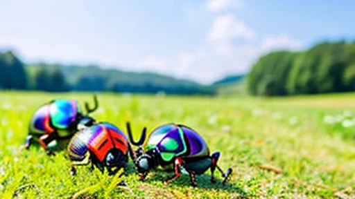 Children playing with beautiful beetles in the grassland、Children playing with beautiful beetles in the grassland、Colorful Mushiking