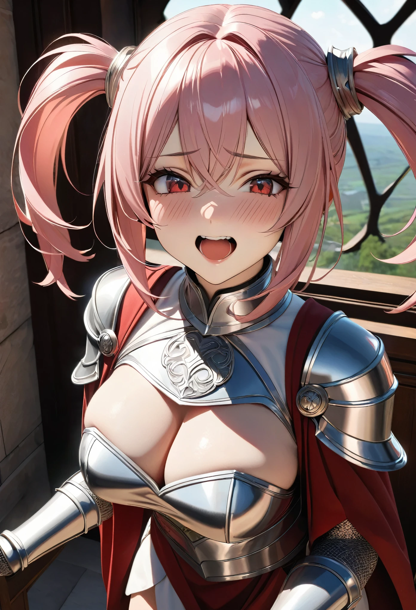 ((masterpiece, 8K, photorealistic, Raw photo, best quality, ultra high resolution)), (1 girl), (solo), (A female of Anglo-Saxon descent., Woman looking out a window in a luxuriously decorated castle, Very cute, Wearing silver armor), (Reddish blush, Panting face with half closed eyes, Face screaming sad voice, Ecstatic face), (cute face:1.3), (Beautiful face, A beautiful face with perfect symmetry, Pretty face, Great smile, Beautiful baby pink hair, Twin-tailed hairstyle, Crossed bangs, Asymmetrical bangs, Beautiful red eyes, Intense red eyes, Natural and accurate breasts, The cleavage that seems to be overflowing, Beautiful thighs, Perfect Anatomy, High Detail Skin), Very cute笑顔, It's attractive, Golden Ratio, ((Girl in mechanical armor, Wearing golden metallic armor, Decorated Sword)), (Photorealistic anime girl rendering, Realistic anime 3D style), Disorganized, Camera angle looking up from below, Looking at the viewer,