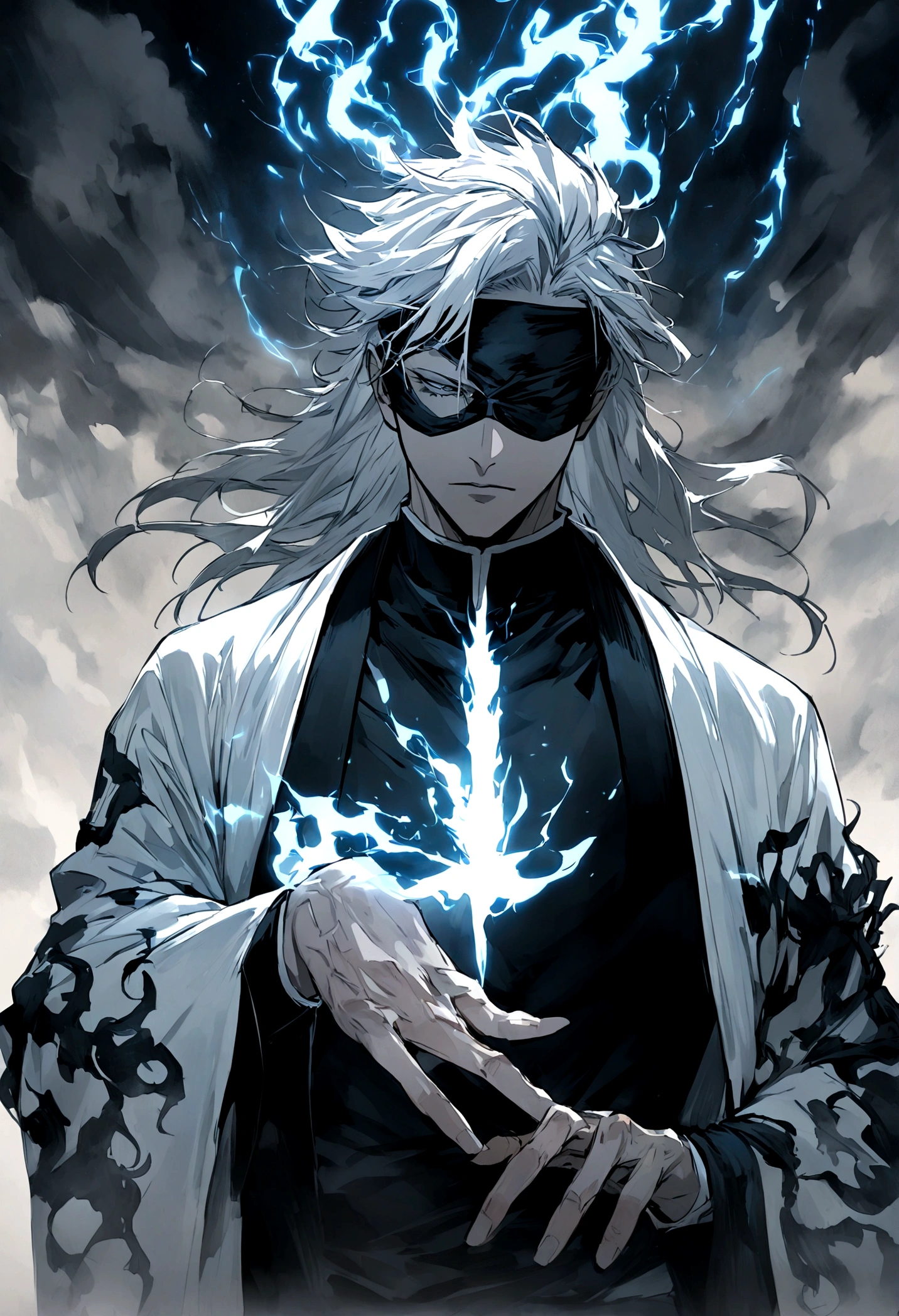 Visualize Satoru Gojo from "Jujutsu Kaisen" reimagined as a character in the world of "Bleach."

Gojo retains his iconic white hair and blindfold, but now his attire reflects the aesthetic of a Soul Reaper (Shinigami) from "Bleach." Dress him in a traditional black Shihakusho, complete with a white haori that signifies his status as a powerful captain. His blindfold is more ornate, perhaps with intricate patterns or symbols that hint at his immense spiritual power.

In one hand, he wields a unique Zanpakuto, its blade glowing with a blue aura, reminiscent of his Limitless technique. The Zanpakuto's design is sleek and elegant, with subtle details that tie into Gojo's abilities and personality.

His surroundings are a mix of the Jujutsu Kaisen and Bleach worlds—an otherworldly fusion of Tokyo's cityscape and the Soul Society's serene yet eerie ambiance. The sky is filled with swirling spiritual energy, adding a dramatic backdrop to Gojo's commanding presence.

Capture the essence of both characters' universes in this crossover, emphasizing Gojo's confident and enigmatic demeanor, as well as his unparalleled strength.