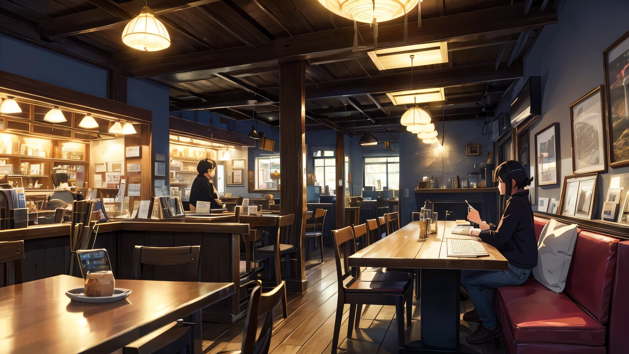 A scene of a cozy cafe, with Lofi music in the background and people writing in their diaries., capiturada por makoto shinkai, Soft color palette that enhances the atmosphere, Lo-fi musician adding a unique sound layer, atmosphere of serenity and conviviality(melhor qualidade), 8k resolution), (ultra highres)