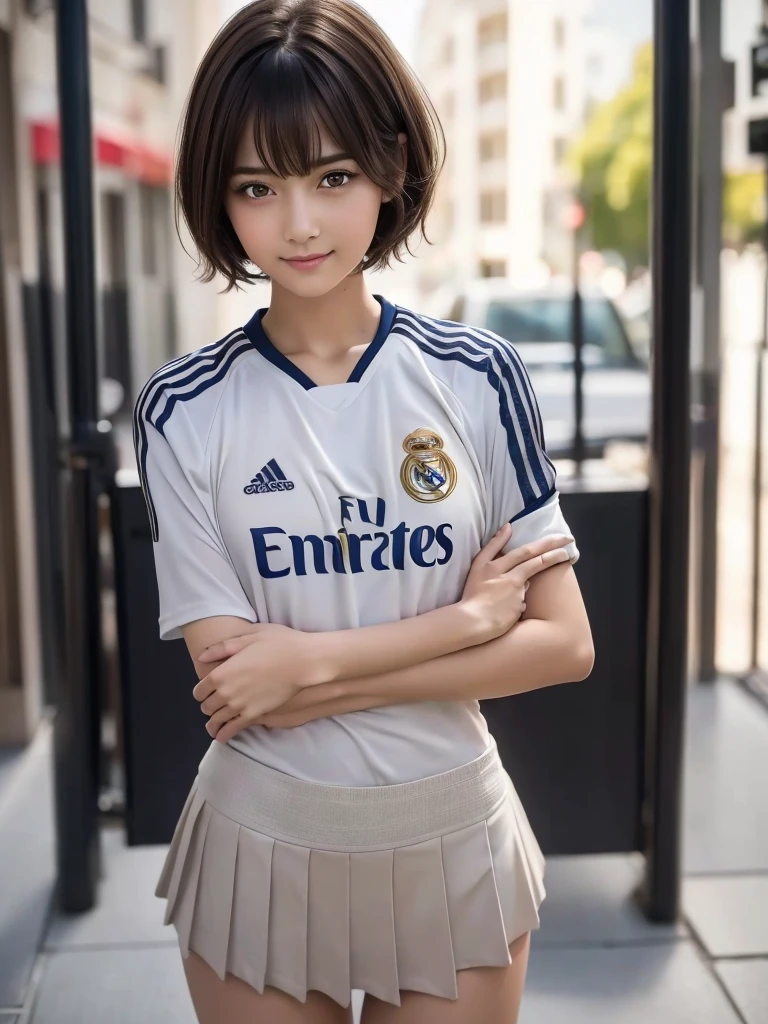 (8k, RAW Photos, highest quality, masterpiece:1.2), (Realistic, photo-Realistic:1.4), (Highly detailed 8k wallpaper), ((Full Body Shot)), (1 girl), Sharp focus, Depth of written boundary, Cinematic lighting, Soft Light, 緻密な美しさのeye, eye_Chan, Very beautiful 17 year old girl, innocent big eyes, Realistic, photo Realistic, Highly detailed cute girl, (Thin thighs), (Model Body Type), 18-year-old, (((real madrid soccer jersey))), ((Micro Mini Pleated Skirt)), (((Fold your arms in front of your chest and act arrogantly))), ((A happy smile)), Parted lips, Watching the audience, (On the streets of Spain) , (Brown Hair),(Short Bob Hair), (Asymmetrical bangs)