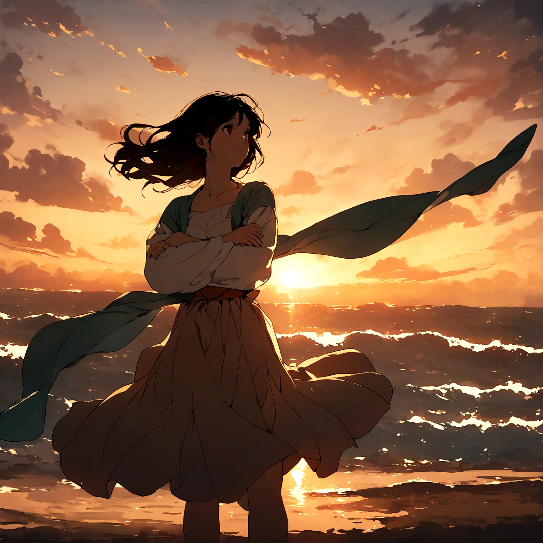 Girl standing in the field, waves his arms ,catches the wind ,On the Sunset