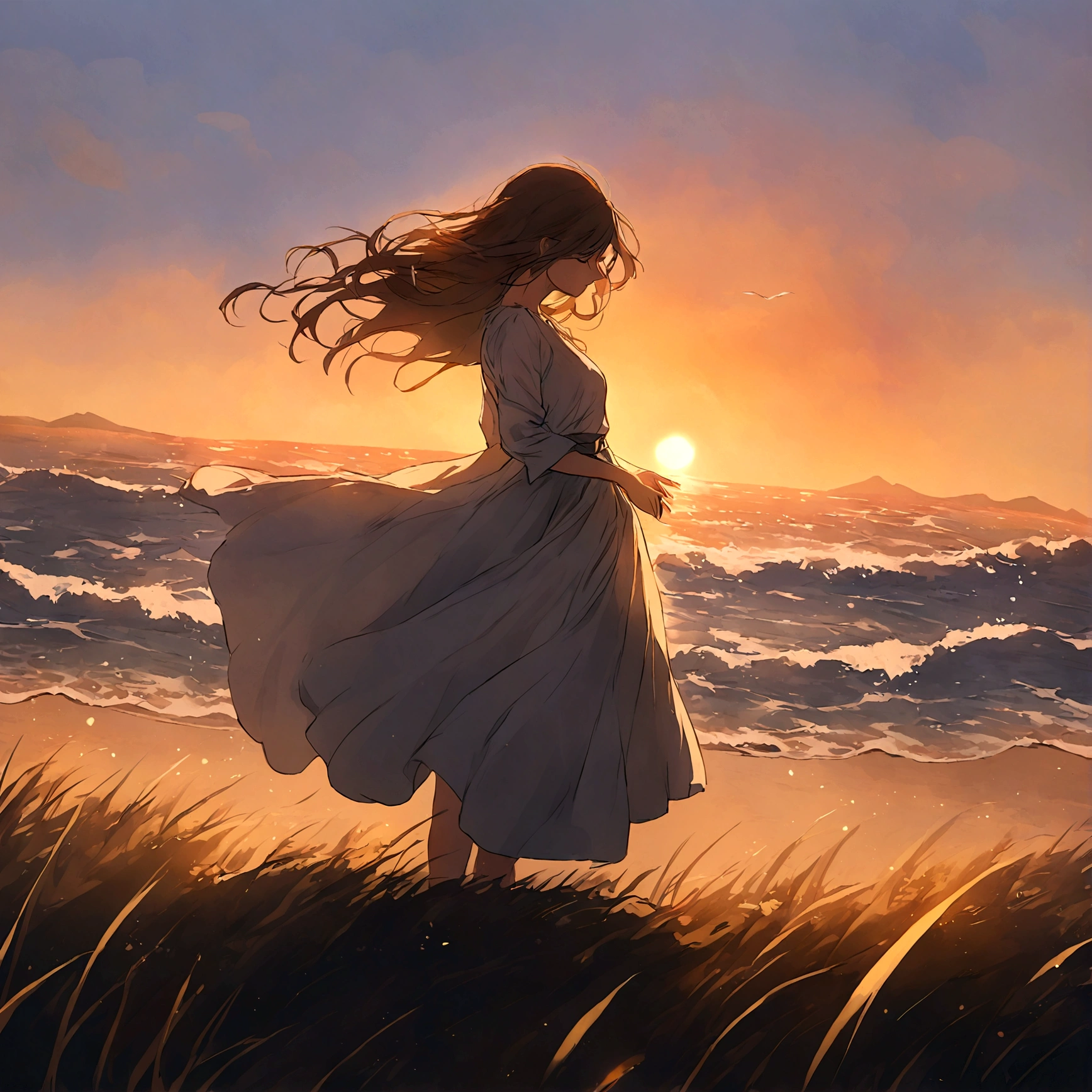 Girl standing in the field, waves his arms ,catches the wind ,On the Sunset 