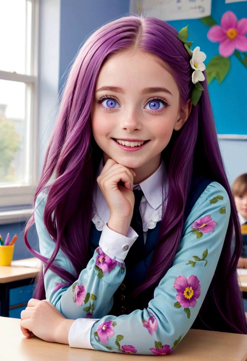 Best quality, masterpiece, close-up photography, ultra high resolution, realistic, 1 girl, (beautiful long purple hair), (almost normal light blue eyes), (open mouth smile), heterochromia, sit at your desk , with his hands on his cheeks, looks out the window, (black collar), (student kit), (floral veritdos), purple tights. , Classroom, wide angle.
