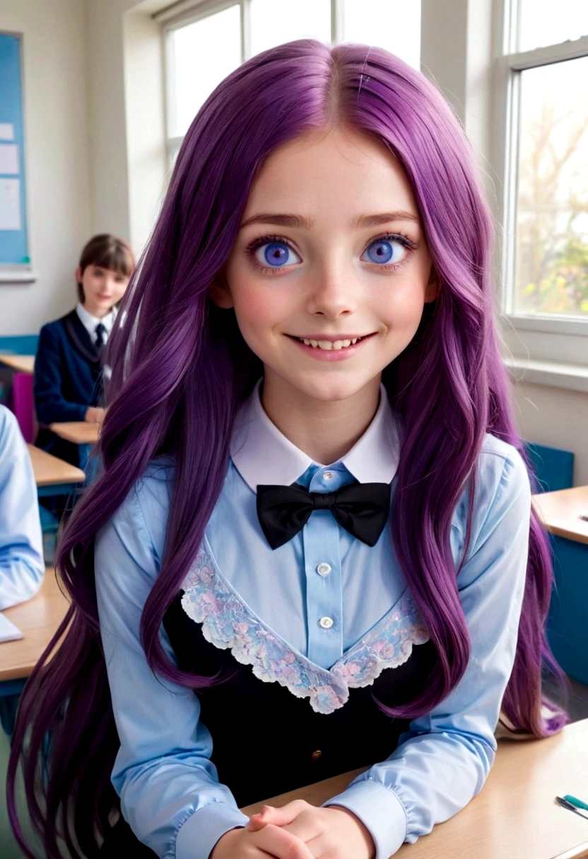 Best quality, masterpiece, ultra high resolution, realistic, 1 girl, (beautiful long purple suoer hair), (almost normal light blue eyes), (smile with open mouth), heterochromia, sit at your desk, hands on cheeks, look out the window, (black collar), (student kit), (floral veritdos), purple tights. , Classroom, wide angle.