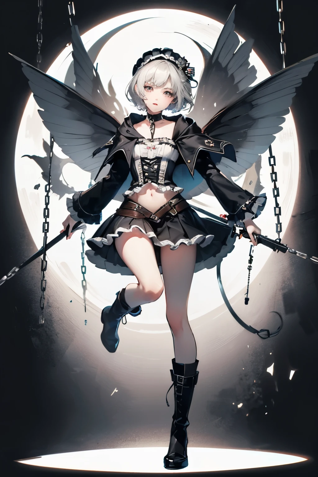  ((best quality)), ((masterpiece)), (detailed), 1girl, Character design, female, dynamic poses, long white grey hair, grey white eyes, very skinny, detailed, best quality, no accesoires around the neck, no shoes, prominent collarbones, skinny arms, flat stomach, visible hip bones, full body, blank white background, plain background, white background, red and white clothing, Bloodborne inspired, occult aesthetic, occult, detailed and intricate steampunk and detailed gothic, NSFW, Very dramatic and cinematic lighting, cosmic horror, grim-dark, side-lighting, perfect face, NSFW, Fluttering lace flared long knee length dress with frilly petticoats, knee length dress, pleated petticoats, petticoats gothic, complex lace boots, side-lighting, gothic aesthetic, wielding a mighty sword with mechanical components, mandalas, small breasts, a fairy, various different types of insect wings, NSFW, full body, whole body, body, plain background, white background, blank background, no background, white background NSFW, chains, full body, whole body, head-to-toe NSFW 