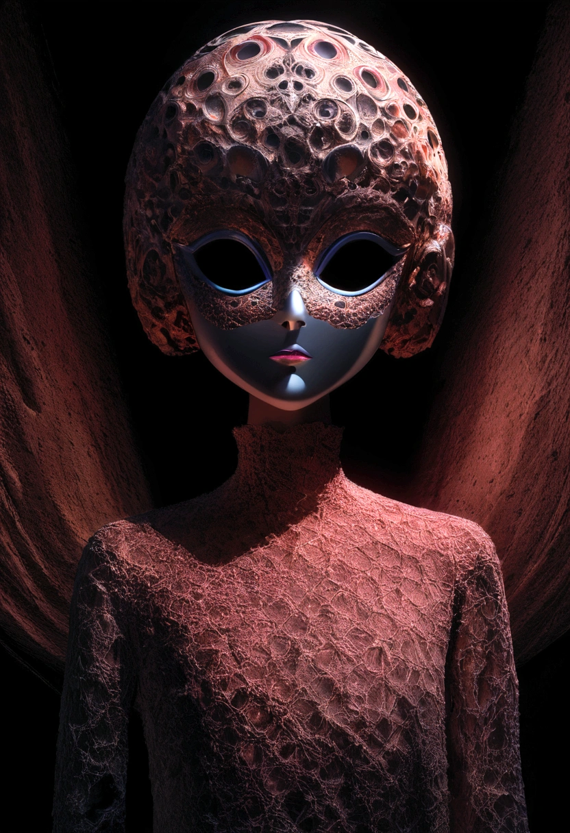 Stunning surreal art: front view emotional formless bizarre humanoid beggar face mask floating in darkness, vogue and Gucci style, minimalism photo, minimalistic, porosity, intricate details, rough texture, colorful top light, perfect crop, volumetric, super detailed, octane render, cinematic lighting, film grain