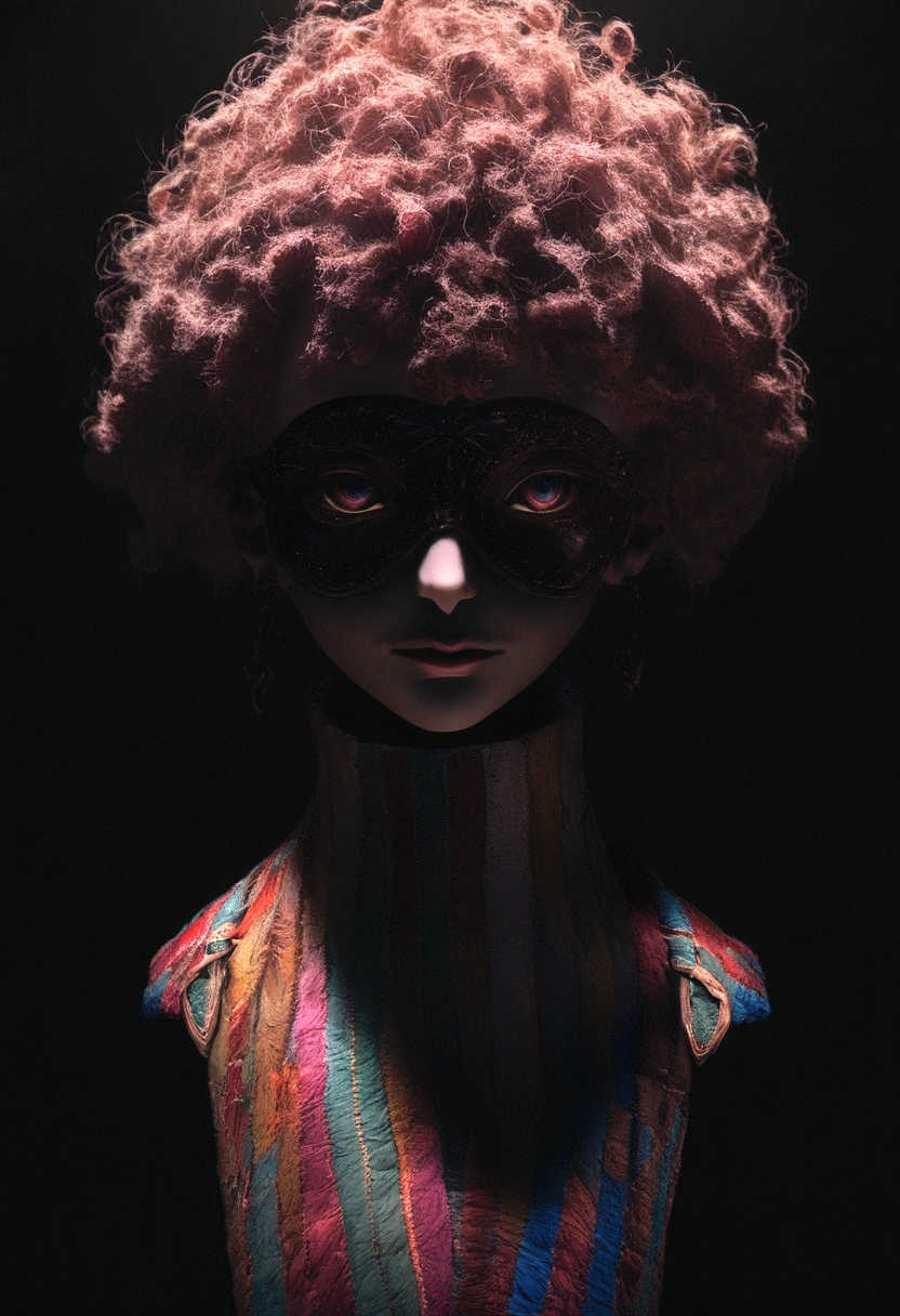 Stunning surreal art: front view emotional formless bizarre humanoid beggar face mask floating in darkness, vogue and Gucci style, minimalism photo, minimalistic, porosity, intricate details, rough texture, colorful top light, perfect crop, volumetric, super detailed, octane render, cinematic lighting, film grain