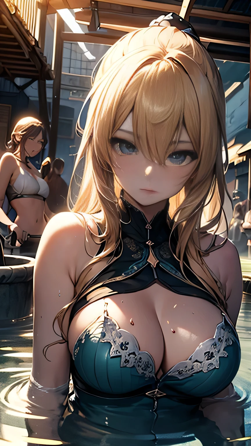 (Highly detailed CG Unity 8k wallpaper),(masterpiece), (highest quality), (Super detailed), (Best illustrations),(Best Shadow), Large Breasts Beautiful eyes Taking a bath in a hot spring background,crowd(Other women) Expression of pleasure