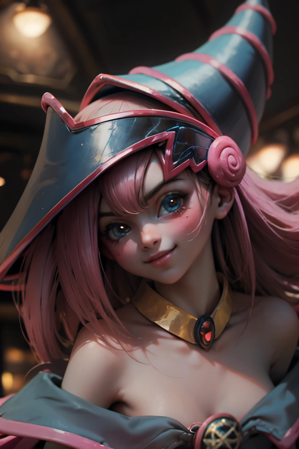 Crea el hermoso rostro de dark magician gils. Ojos azules. Labios rosados. Tes blanca. Cabello rubio. girl smile. Hombros destapados. Collar en el cuello. Rostro de gils mago oscuro. Vista tierna . magical eyes