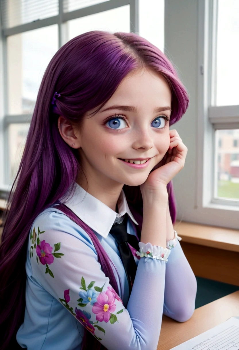 Best quality, masterpiece, close-up photography, ultra high resolution, realistic, 1 girl, (beautiful long purple hair), (almost normal light blue eyes), (open mouth smile), heterochromia, sit at your desk , with his hands on his cheeks, looks out the window, (black collar), (student kit), (floral veritdos), purple tights. , Classroom, wide angle.