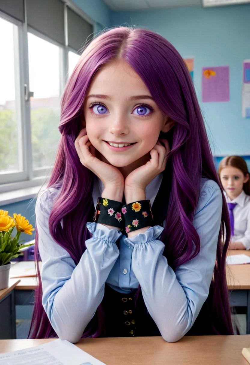 Best quality, masterpiece, close-up photography, ultra high resolution, realistic, 1 girl, (beautiful long purple hair), (almost normal light blue eyes), (open mouth smile), heterochromia, sit at your desk , with his hands on his cheeks, looks out the window, (black collar), (student kit), (floral veritdos), purple tights. , Classroom, wide angle.
