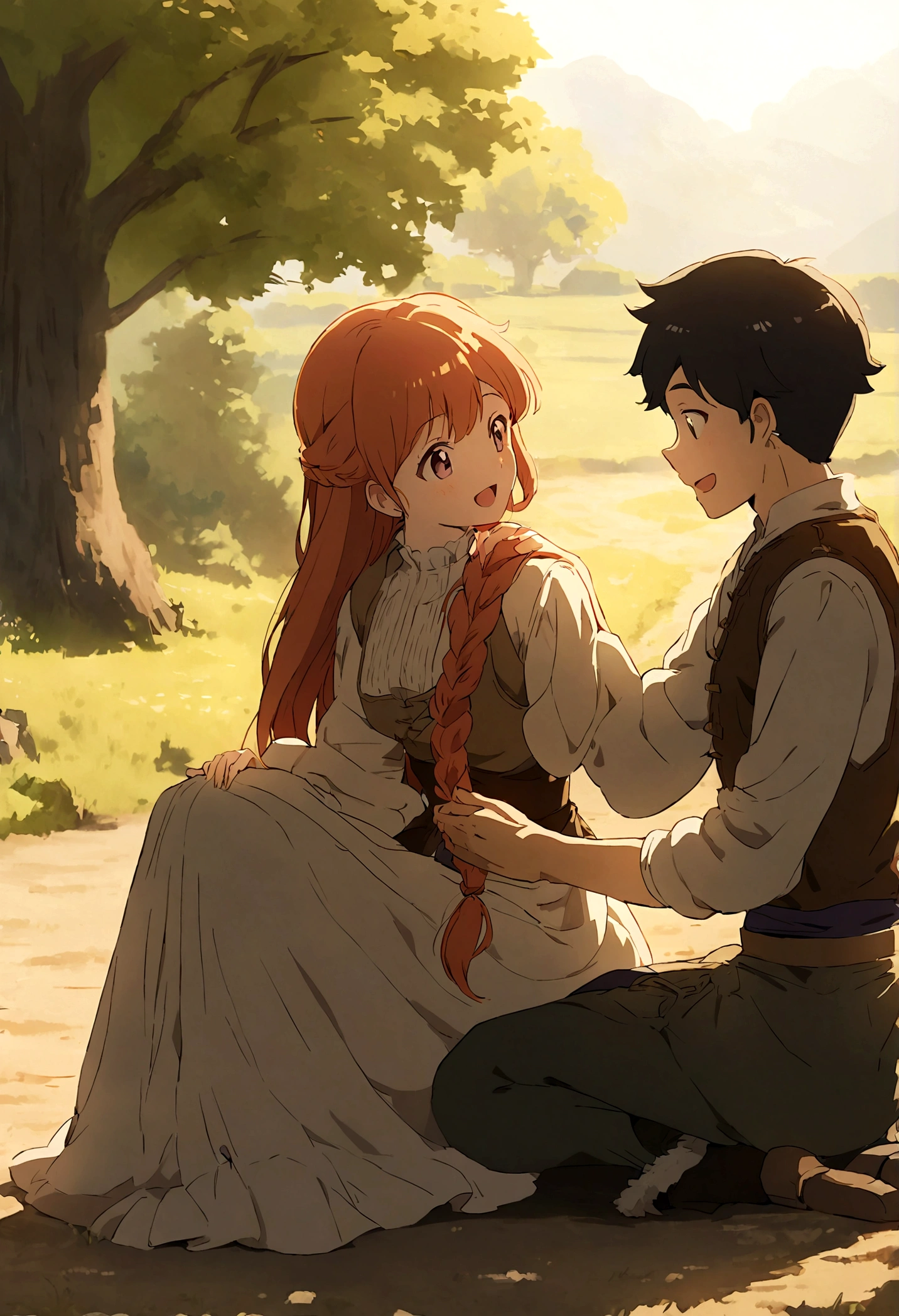 anime style, 1man sitting on the ground, 1girl braiding the man's long hair, family, happy, cowboy clothes, countryside