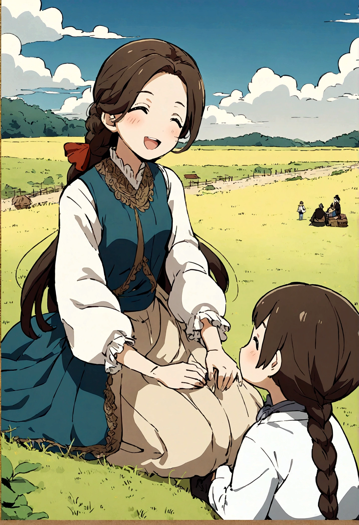 anime style, 1man sitting on the ground, 1girl  braiding the man's long hair, family, happy, cowboy clothes, countryside