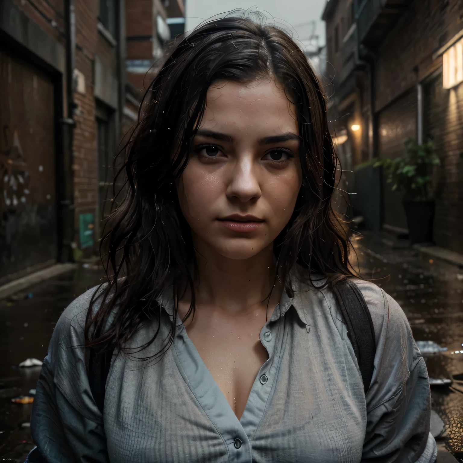 (Best quality, Highres, ultra-detailed: 1.2), HDR, muted colors, intense emotion, gritty urban setting, dimly lit alleyway, rough textures, steam escaping from vents, distressed brick walls, rain-soaked pavement, pools of water reflecting city lights, discarded trash littering the ground. A 30-year-old woman, with dark, wavy hair, a paled complexion, and a sharp, angular face, is pictured in a three-quarter view. Her thin lips are pressed into a firm, disdainful line, and her eyes are narrowed in disgust. Raindrops cascade