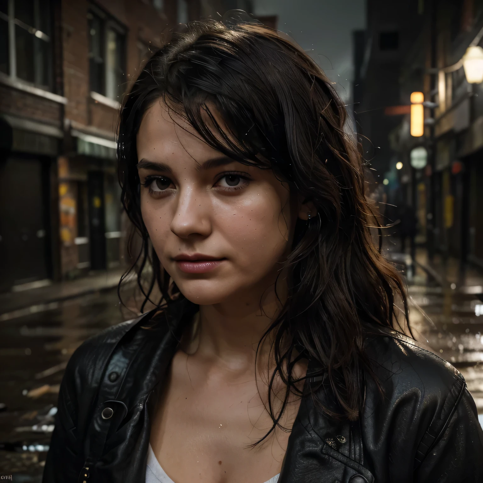 (Best quality, Highres, ultra-detailed: 1.2), HDR, muted colors, intense emotion, gritty urban setting, dimly lit alleyway, rough textures, steam escaping from vents, distressed brick walls, rain-soaked pavement, pools of water reflecting city lights, discarded trash littering the ground. A 30-year-old woman, with dark, wavy hair, a paled complexion, and a sharp, angular face, is pictured in a three-quarter view. Her thin lips are pressed into a firm, disdainful line, and her eyes are narrowed in disgust. Raindrops cascade