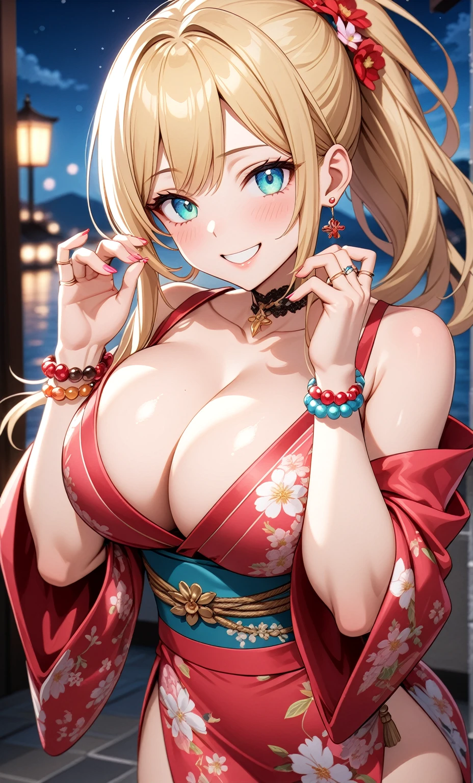 ((one personの女性)), Beautiful Face, Laughing embarrassedly,((Wink:2.3)),((She is holding her cheeks with both hands and has a joyful smile:2.0)),Laughing with your mouth open,((Red cheeks:1.4)),Lighting on the face,Glossy pink lips,night,rooftop,Festive decorations,You can see the ocean, firework,((Anime style background)),masterpiece, highest quality, so beautiful, Latest, Complex details, (Pink long nails),(ring),(flower bracelet),Floral choker,AI-generated, Complex,High resolution, highest quality, super high quality,3D Images、View your viewers、3D Images,one person,Long Blonde Hair,High Ponytail,Turquoise Eyes,Anime woman posing for a photo, (Fine grain,Colorful eyes,Shining Eyes:1.4),(Squint your eyes:1.1),a hyperRealistic , hyperRealistic , Realistic,Blonde anime woman with long hair, Smooth anime CG art, A woman in a colorful kimono with gold embroidery, (Pink kimono),Red floral pattern,Long flower hair ornament,Large floral earrings,(ring),(Big Breasts:1.2),Mature Body,Tall,Big Ass,Fine details,Narrow waist,Abdominal muscles,(Zoom in on face:1.0),