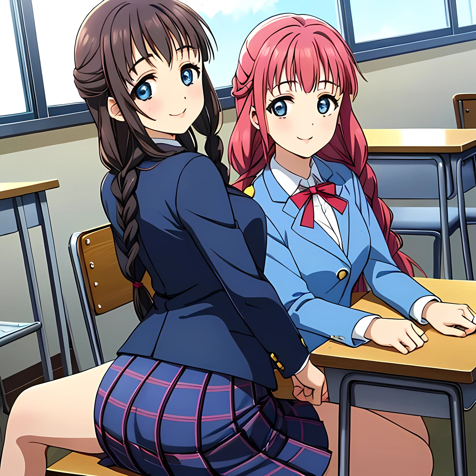 (highest quality, masterpiece:1.2), highest quality, High resolution, 1080p, 8K, Height: 158cm, High-definition anime-style CG, ((The game heroines are very intelligent, very noble, pretty and neat beautiful girls sitting on chairs in school classrooms.、Looking back and smiling gently)), He tries to hide his shocked mouth with his hands., A face that everyone loves, Glossy lips, Even bangs, Double, Long eyelashes on both the top and bottom, Wide-open blue eyes, detailed in detail, The very large red shiny wide ribbon bowtie is very cute., ((Black Hair)), ((long twin braids)), (((A long, neat, dark navy blue checked pleated skirt))), (((Dark blue winter long sleeve blazer))), How to wear a neat uniform, Extremely lustrous, shiny game heroine lips, Mouth open, Ribbon in hair, Tight waist, The ribbon is big and very pretty., Beautiful hair like a hair model