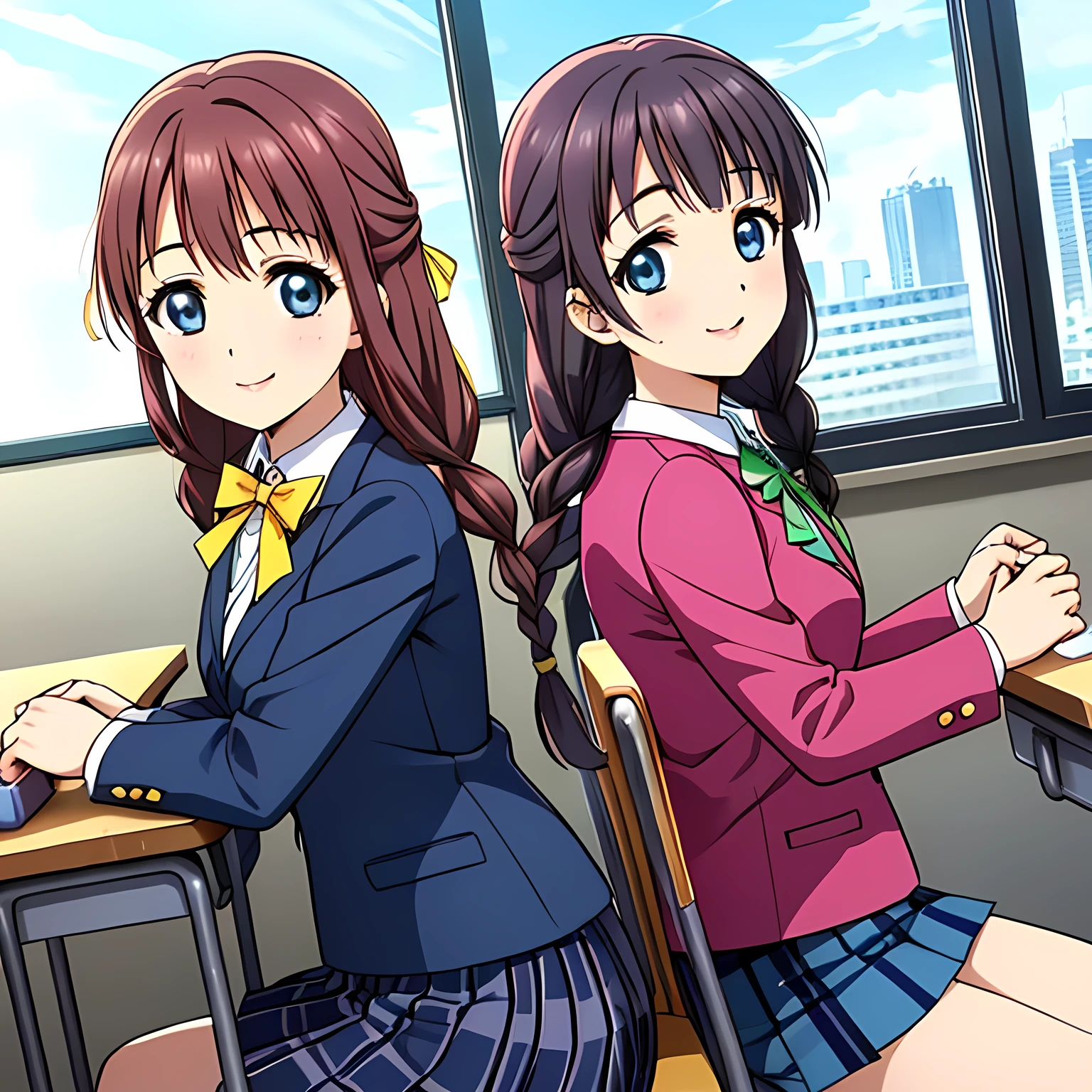 (highest quality, masterpiece:1.2), highest quality, High resolution, 1080p, 8K, Height: 158cm, High-definition anime-style CG, ((The game heroines are very intelligent, very noble, pretty and neat beautiful girls sitting on chairs in school classrooms.、Looking back and smiling gently)), He tries to hide his shocked mouth with his hands., A face that everyone loves, Glossy lips, Even bangs, Double, Long eyelashes on both the top and bottom, Wide-open blue eyes, detailed in detail, The very large red shiny wide ribbon bowtie is very cute., ((Black Hair)), ((long twin braids)), (((A long, neat, dark navy blue checked pleated skirt))), (((Dark blue winter long sleeve blazer))), How to wear a neat uniform, Extremely lustrous, shiny game heroine lips, Mouth open, Ribbon in hair, Tight waist, The ribbon is big and very pretty., Beautiful hair like a hair model