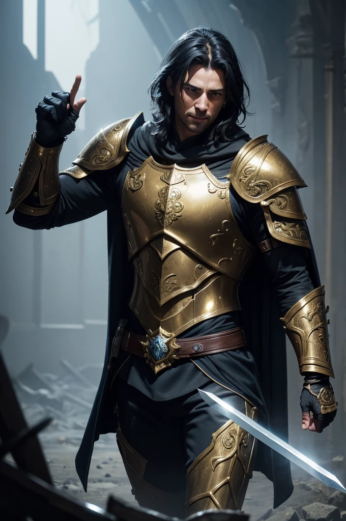 8K,paladin with sword,Gorgeous black and blue oversized armor(The elaborately crafted coat of arms of a nobleman),Classy black and blue pants,ultra high resolution,surreal,realistic skin,black hair short hair,big blue eyes,muscular and slim body,Purfluz,background,battlefield,Ornate black and blue waist armor,Luxurious black and blue instep,fantasy art,character art,Battle scenes,action scene,action pose,paladin,masterpiece,Realistic RAW photos of the highest quality。bright colors,rich colors, backlight, movie lights, film grain, born, 50mm lens, Nikon D850,realistic skin,fantasy art,character art,ultra high resolution,realistic scale skin,forage,Severely torn abdominal muscles,golden eyes(golden glitter effect),Severely torn abdominal muscles,laugh,dynamic pose,action pose,holding it for a long time, bayonet,