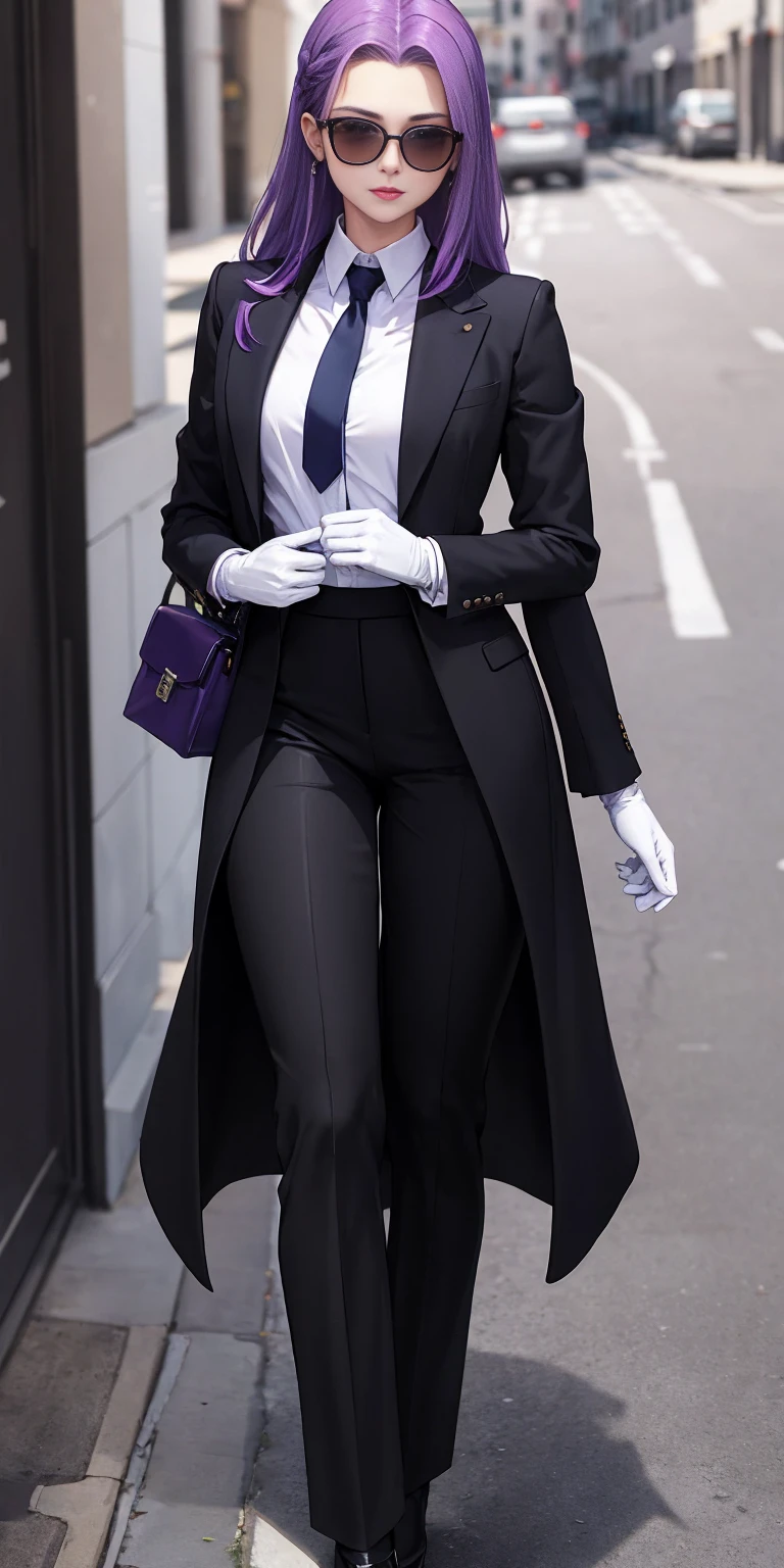 highest quality, masterpiece, high resolution,only {Black business suit:1.40} {tie:1.20} {sunglasses:1.25} {White gloves:1.15} { White shirt:1.10} {Black Skirt:1.15} good looking {Medusa_FGO:1.15} length_hair, purple_hair, very_length_hair, purple_eye, chest, big_chest