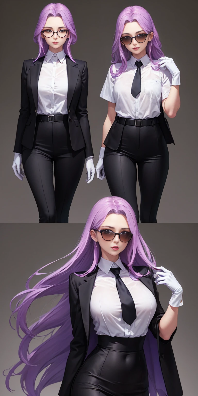 highest quality, masterpiece, high resolution,only {Black business suit:1.40} {tie:1.20} {sunglasses:1.25} {White gloves:1.15} { White shirt:1.10} {Black Skirt:1.15} good looking {Medusa_FGO:1.15} length_hair, purple_hair, very_length_hair, purple_eye, chest, big_chest