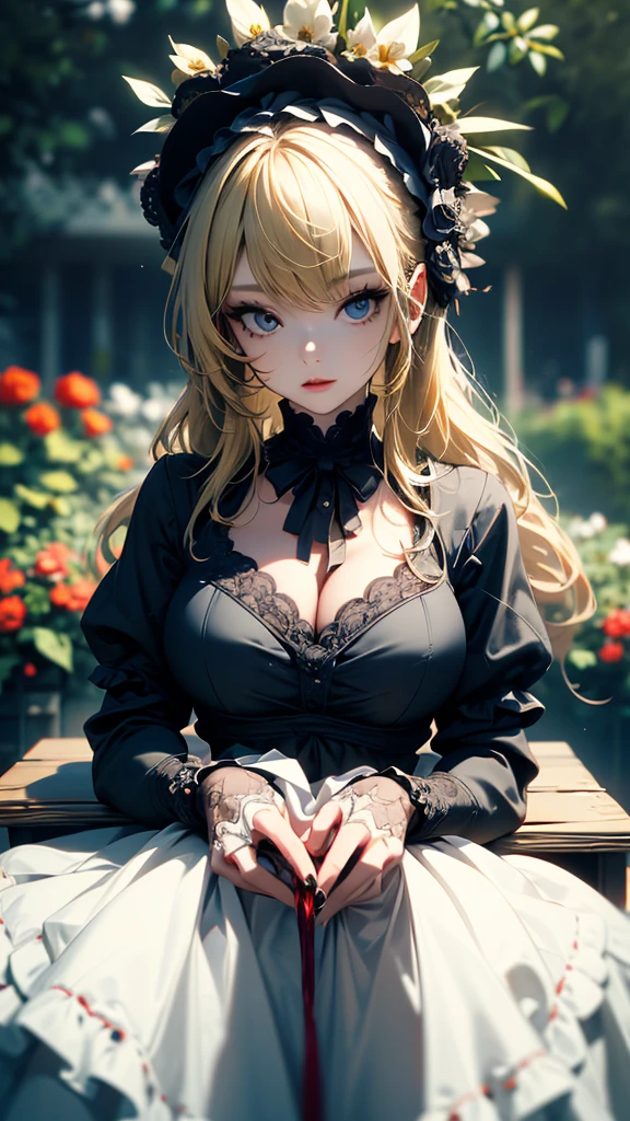 masterpiece, high quality, 4K, Beautiful design, silhouette，blonde， Very detailed，in the garden， wonderful, Finer details,  Very knowledgeable woman, Very detailedソロ, 1 female,Big Breasts，Watering flowers，Gothic Lolita Fashion，