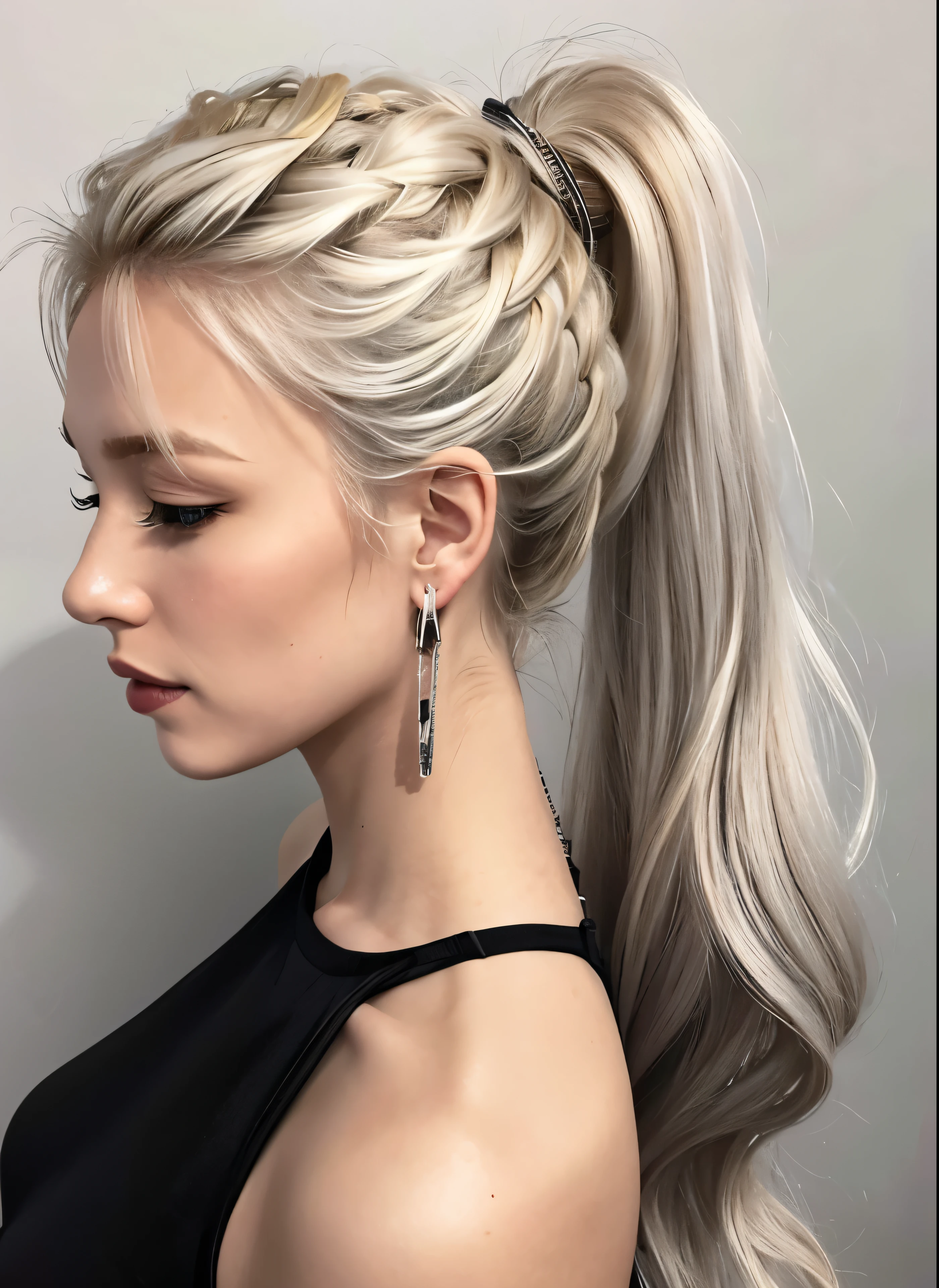 A woman with long blonde hair wearing a black dress and earrings, messy ponytail, Blonde hair in a ponytail, disheveled blonde hair, Blonde. ponytail, Beautiful blonde hair, Cool disheveled hair, messy Blonde, Half-up hairstyle, sleek Blonde, Messy hairstyle, Blonde medium hair, ponytail hair, long swept back Blonde, silver hair ponytail