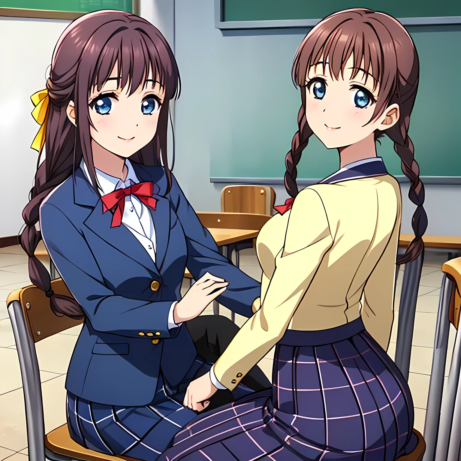 (highest quality, masterpiece:1.2), highest quality, High resolution, 1080p, 8K, Height: 158cm, High-definition anime-style CG, ((The game heroines are very intelligent, very noble, pretty and neat beautiful girls sitting on chairs in school classrooms.、Looking back and smiling gently)), He tries to hide his shocked mouth with his hands., A face that everyone loves, Glossy lips, Even bangs, Double, Long eyelashes on both the top and bottom, Wide-open blue eyes, detailed in detail, The very large red shiny wide ribbon bowtie is very cute., ((Black Hair)), ((long twin braids)), (((A long, neat, dark navy blue checked pleated skirt))), (((Dark blue winter long sleeve blazer))), How to wear a neat uniform, Extremely lustrous, shiny game heroine lips, Mouth open, Ribbon in hair, Tight waist, The ribbon is big and very pretty., Beautiful hair like a hair model