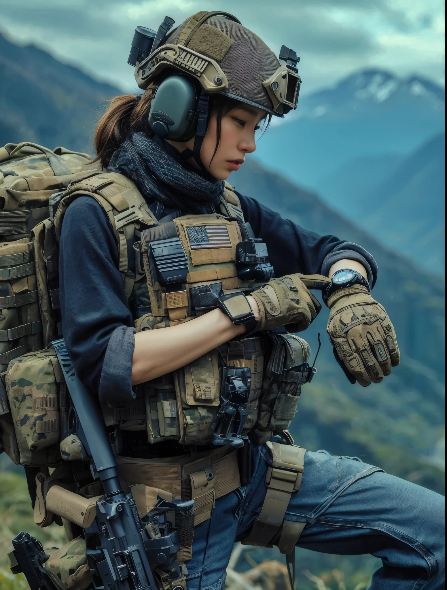 a highly detailed portrait of a japanese woman in the american military special forces, wearing full tactical gear including a bulletproof vest, watch, and military pants, standing in a mountainous american landscape, hyperrealistic, 8k, extremely realistic skin texture, photorealistic, superrealism, best quality, 4k, 8k, highres, masterpiece:1.2, ultra-detailed, realistic, photorealistic, photo-realistic:1.37, HDR, UHD, studio lighting, ultra-fine painting, sharp focus, physically-based rendering, extreme detail description, professional, vivid colors, bokeh
