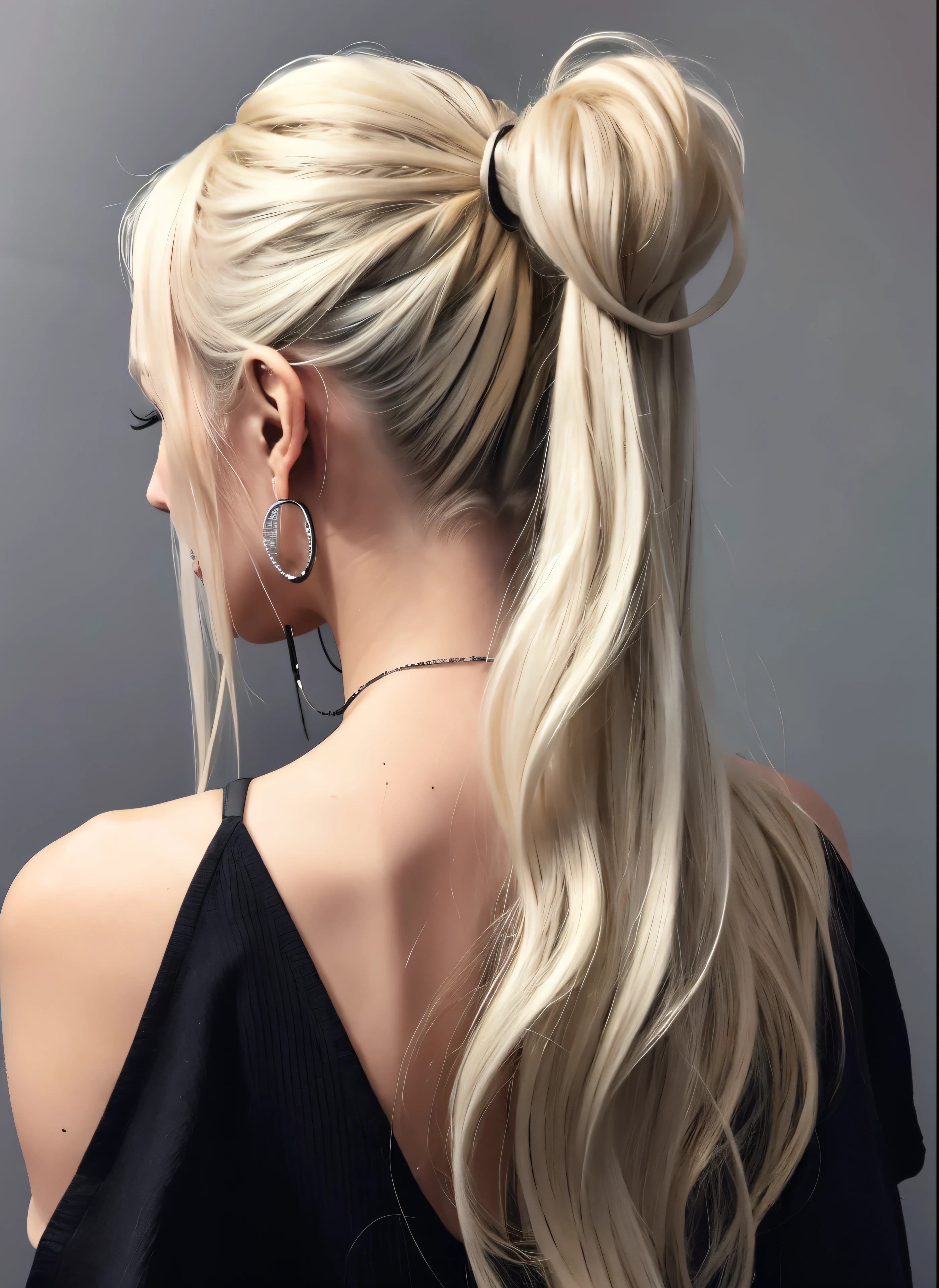 A woman with long blonde hair wearing a black dress and earrings, messy ponytail, Blonde hair in a ponytail, disheveled blonde hair, Blonde. ponytail, Beautiful blonde hair, Cool disheveled hair, messy Blonde, Half-up hairstyle, sleek Blonde, Messy hairstyle, Blonde medium hair, ponytail hair, long swept back Blonde, silver hair ponytail