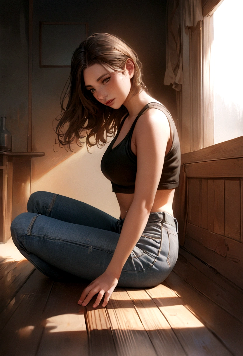 8k, ultrarealistic, perfect texture, masterpiece, cute, full view, distance shot, hyperrealistic looking, crop top and barefoot, jeans pants, sitting on the floor at home