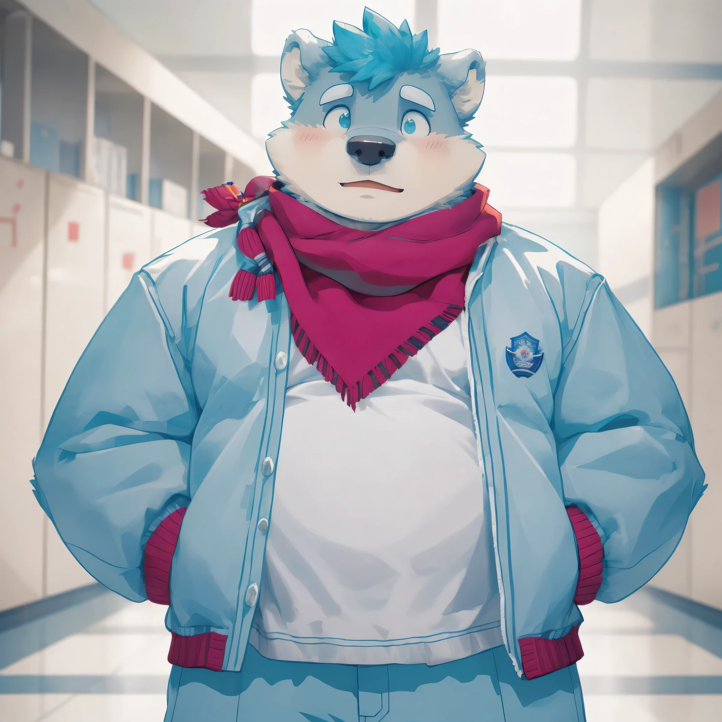 masterpiece, best quality, 8k resolution, Very detailed, hairy，Polar Bear，(Blue Hair)，(((White fur)))，((Boys))，Blue eyes，(((cotton padded jacket)))，Chubby，Chubby face，Blushing，(((Red scarf)))，(((Standing)))，((whole body))，For the audience，Highest quality scene，Solitary，solitary，Upright，portrait，Honest，(((School)))