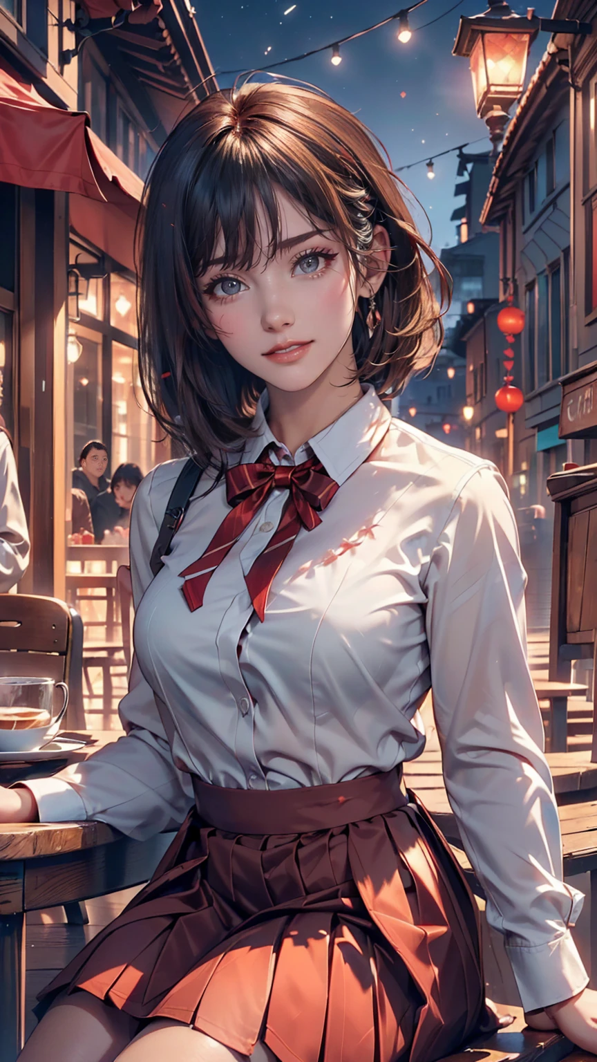 (8k, highest quality, masterpiece:1.2), (SFW:1.3), (Realistic, photo-Realistic:1.37), Super detailed, 1 girl,cute, alone,Beautifully detailed skies,Detailed cafe,night,Sitting,Date,(Red nose),(smile:1.1),(Mouth closed) Medium chest,Beautiful fine details,(Collared shirt:1.1), bow tie,Pleated skirt,(short hair:1.2),Floating Hair
