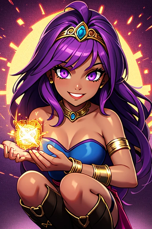 (best quality:1.3), (4K quality),masterpiece, best quality, high res, detailed, (Detailed face:1.2), (Detailed eyes:1.2), solo, 1girl, 25 year old woman, Sorceress, Fantasy, Dark Skin, Purple eyes, Purple Hair, Blue Hair, Pink Hair, Long Hair, Dark Skin, covered in tattoos, (Wearing: strapless top, loincloth, golden bracelets, golden head piece, knee high boots:1.2), looking at viewer with an amused smile, both hands glowing bright purple, purple magic, bright purple sparks in both hands, style artgerm, extremely detailed artgerm,