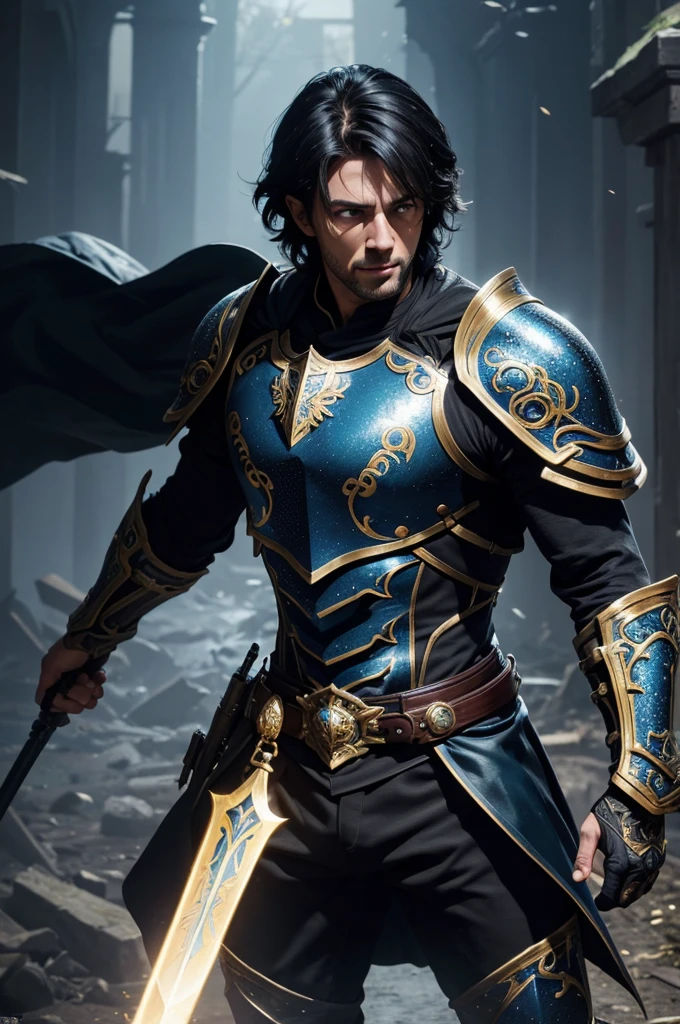8K,paladin with sword,Gorgeous black and blue oversized armor(The elaborately crafted coat of arms of a nobleman),Classy black and blue pants,ultra high resolution,surreal,realistic skin,black hair short hair,big blue eyes,muscular and slim body,Purfluz,background,battlefield,Ornate black and blue waist armor,Luxurious black and blue instep,fantasy art,character art,Battle scenes,action scene,action pose,paladin,masterpiece,Realistic RAW photos of the highest quality。bright colors,rich colors, backlight, movie lights, film grain, born, 50mm lens, Nikon D850,realistic skin,fantasy art,character art,ultra high resolution,realistic scale skin,forage,Severely torn abdominal muscles,golden eyes(golden glitter effect),Severely torn abdominal muscles,laugh,dynamic pose,action pose,holding it for a long time, bayonet,