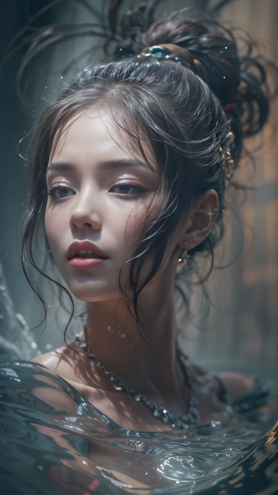 (RAW shooting, 32k:1.5, highest quality, masterpiece, Ultra-high resolution), (Deep Darkness:0.8, Darkness:0.8, Dramatic Light:0.9, reflection:0.9, Contrast of light and dark:1.2, Expressions of sadness:1.0), Side Shot, Fractal Art:1.3, Perfect dynamic composition:1.3, Very detailedな肌と顔の質感:1.3, Dynamic flow of water waves:1.2, Dynamic wind flow:1.2, The subject is observed from a distance, elegant and sophisticated:0.5, Fair skin, Incredibly slim body:0.9, Very beautiful face, Water droplets on the skin, (Lightweight yoga wear:1.3, Zazen pose 1.3, Meditation pose:1.3), Very accurate, Very detailed, Big eyes that exude beauty, Beautiful Lips, Unreal atmosphere, Unreal world, Earrings, bracelet