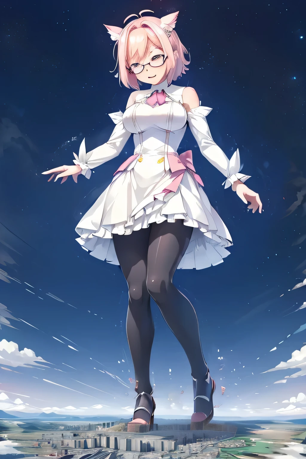 giantess art, highly detailed giantess shots, giantess, Two legs, Five fingers, short hair, A beautiful girl who is bigger than a skyscraper, Wearing rimless glasses, smile, huge breasts, blue base and white accents magical girl dress, bow, magical girl, holding a magical wand, black pantyhose, blue stiletto heels, thunderbolt from a magical wand, Destroying cities, Under heavy attack, A very small big city, Miniature metropolis, Full body description, GTS, giga giantess, stomping city, crash city, tiny city, micro city, pantyhose feet, High resolution, highest quality, masterpiece,