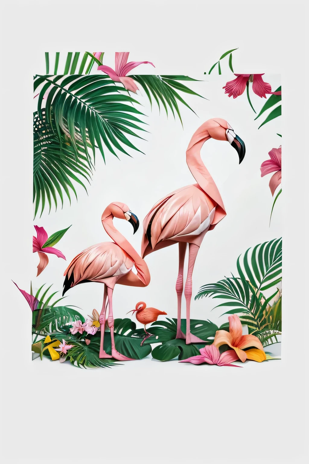 Origami 3D image of flamingo and tropical flowers masculin arty fashion print without 3-d effect