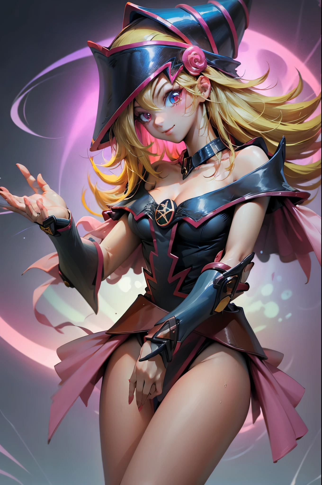Crea el hermoso rostro de dark magician gils. Ojos azules. Labios rosados. Tes blanca. Cabello rubio. girl smile. Hombros destapados. Collar en el cuello. Rostro de gils mago oscuro . en bikini