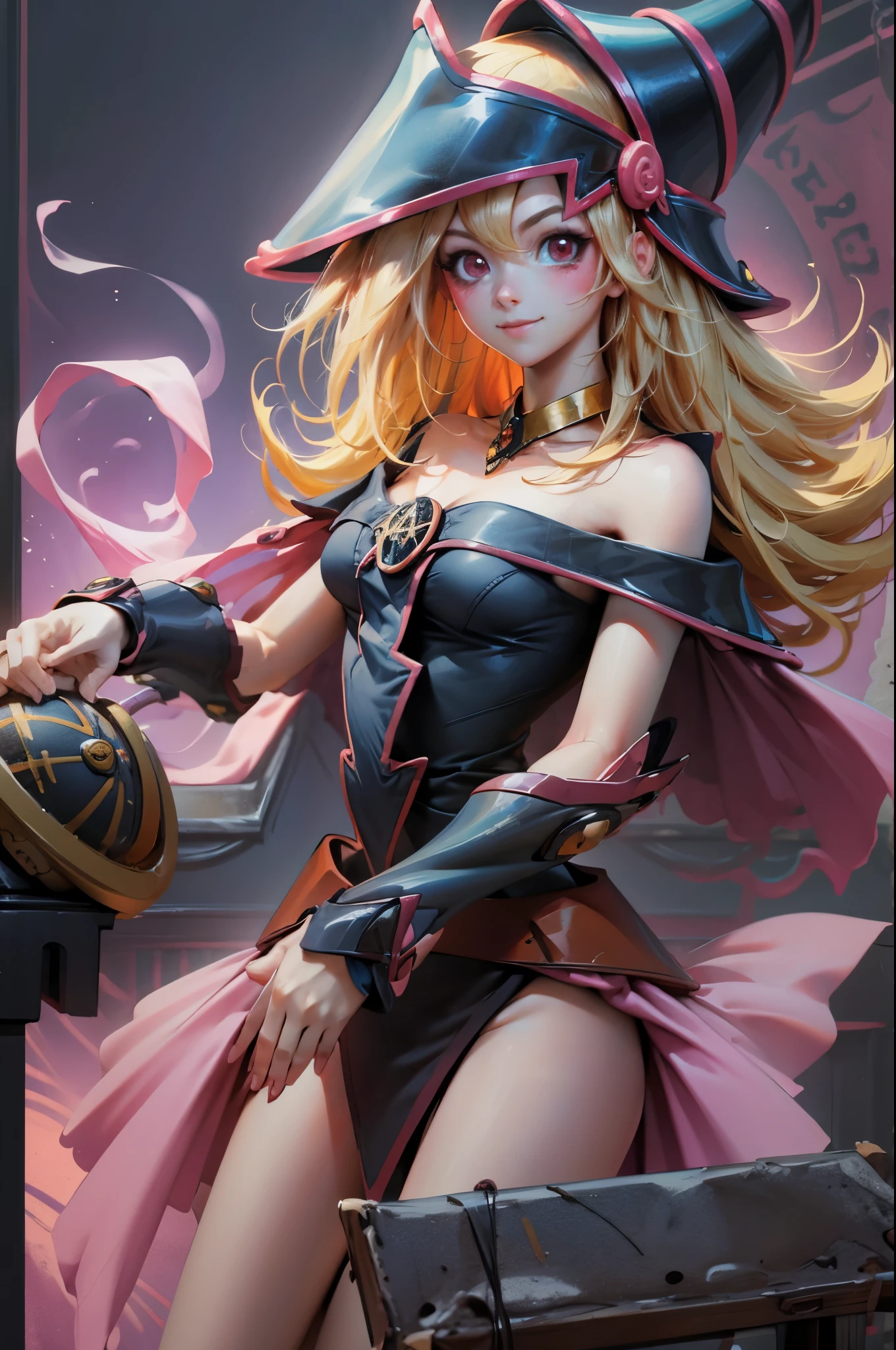 Crea el hermoso rostro de dark magician gils. Ojos azules. Labios rosados. Tes blanca. Cabello rubio. girl smile. Hombros destapados. Collar en el cuello. Rostro de gils mago oscuro . en bikini
