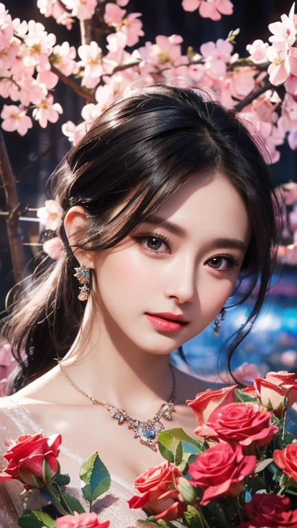 stunning beauty, Aesthetic, Oil painting style, thick coating, Women with incomparable style, Exquisite facial makeup, Black hair, long hair and waist, long eyelashes, Dark brown pupil eyes, exquisite nose, Lip balm, Inseparable strands, Beautiful posture, Graceful curves, Plump ideal type, Super special exaggerated huge breast weight, Bold, Elegant, Extravagant artistic acts, romanticism, (Fractal Art), Vibrant colors, Sunny glare smooth skin, Professional photo close-ups, Brutalist design, Explore Victoria's Secret, blush, flower petals, Vivid colors, The most beautiful chaotic shapes, Colorful, Colorful and magnificent, From above, from the front side