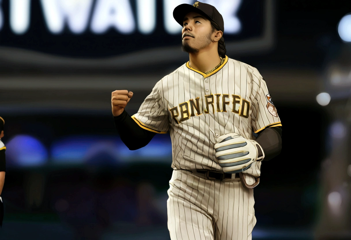 Arafed baseball player in uniform standing on a field with his fist in the air, martin sandiego, portrait of danny gonzalez, joel torres, foto al estilo de tyler mitchell, andrew gonzalez, brian pulido, gonzalez, foto de perfil, foto de perfil, joseph moncada, ( greg rutkowski ), luis melo, angle view, ariel perez, pablo perdomo