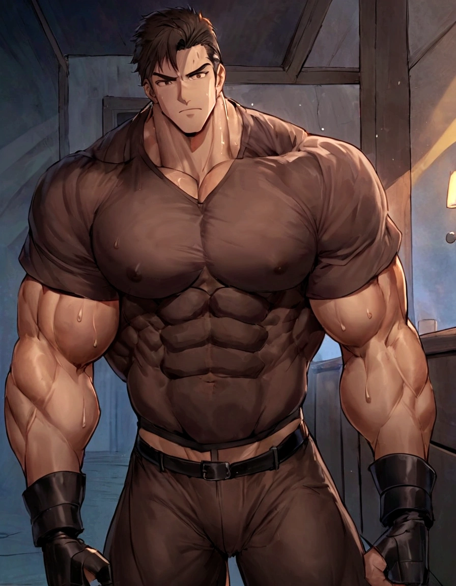 blacksmith，With a hammere，sweat,A man in a shirt stands in the room, muscular! muscular male hero, muscular!! Science Fiction, muscular character, muscular!!, Armor! muscular, Medium shot of handsome guy, Anime handsome man, Tall anime man with brown eyes, muscular!, gigachad muscular