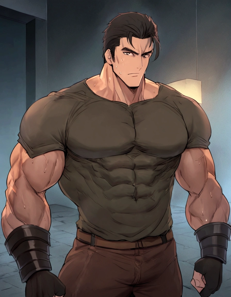 blacksmith,With a hammere,sweat,A man in a shirt stands in the room, muscular! muscular male hero, muscular!! Science Fiction, muscular character, muscular!!, Armor! muscular, Medium shot of handsome guy, Anime handsome man, Tall anime man with brown eyes, muscular!, gigachad muscular