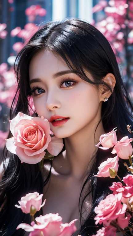 stunning beauty, Aesthetic, Oil painting style, thick coating, Women with incomparable style, Exquisite facial makeup, Black hair, long hair and waist, long eyelashes, Dark brown pupil eyes, exquisite nose, Lip balm, Inseparable strands, Beautiful posture, Graceful curves, Plump ideal type, Super special exaggerated huge breast weight, Bold, Elegant, Extravagant artistic acts, romanticism, (Fractal Art), Vibrant colors, Sunny glare smooth skin, Professional photo close-ups, Brutalist design, Explore Victoria's Secret, blush, flower petals, Vivid colors, The most beautiful chaotic shapes, Colorful, Colorful and magnificent, From above, from the front side