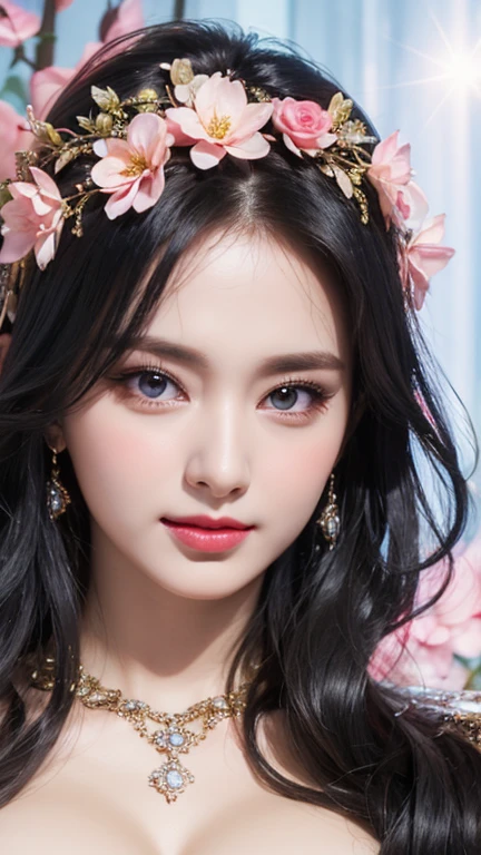 stunning beauty, Aesthetic, Oil painting style, thick coating, Women with incomparable style, Exquisite facial makeup, Black hair, long hair and waist, long eyelashes, Dark brown pupil eyes, exquisite nose, Lip balm, Inseparable strands, Beautiful posture, Graceful curves, Plump ideal type, Super special exaggerated huge breast weight, Bold, Elegant, Extravagant artistic acts, romanticism, (Fractal Art), Vibrant colors, Sunny glare smooth skin, Professional photo close-ups, Brutalist design, Explore Victoria's Secret, blush, flower petals, Vivid colors, The most beautiful chaotic shapes, Colorful, Colorful and magnificent, From above, from the front side
